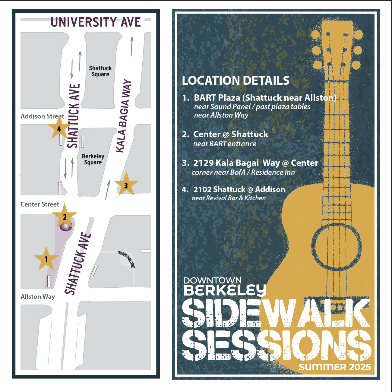 Map and event graphic showing Sidewalk Sessions busker performance locations in Downtown Berkeley
