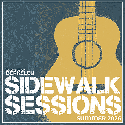 Sidewalk Sessions Summer 2026 graphic for Downtown Berkeley busker program featuring stylized acoustic guitar illustration