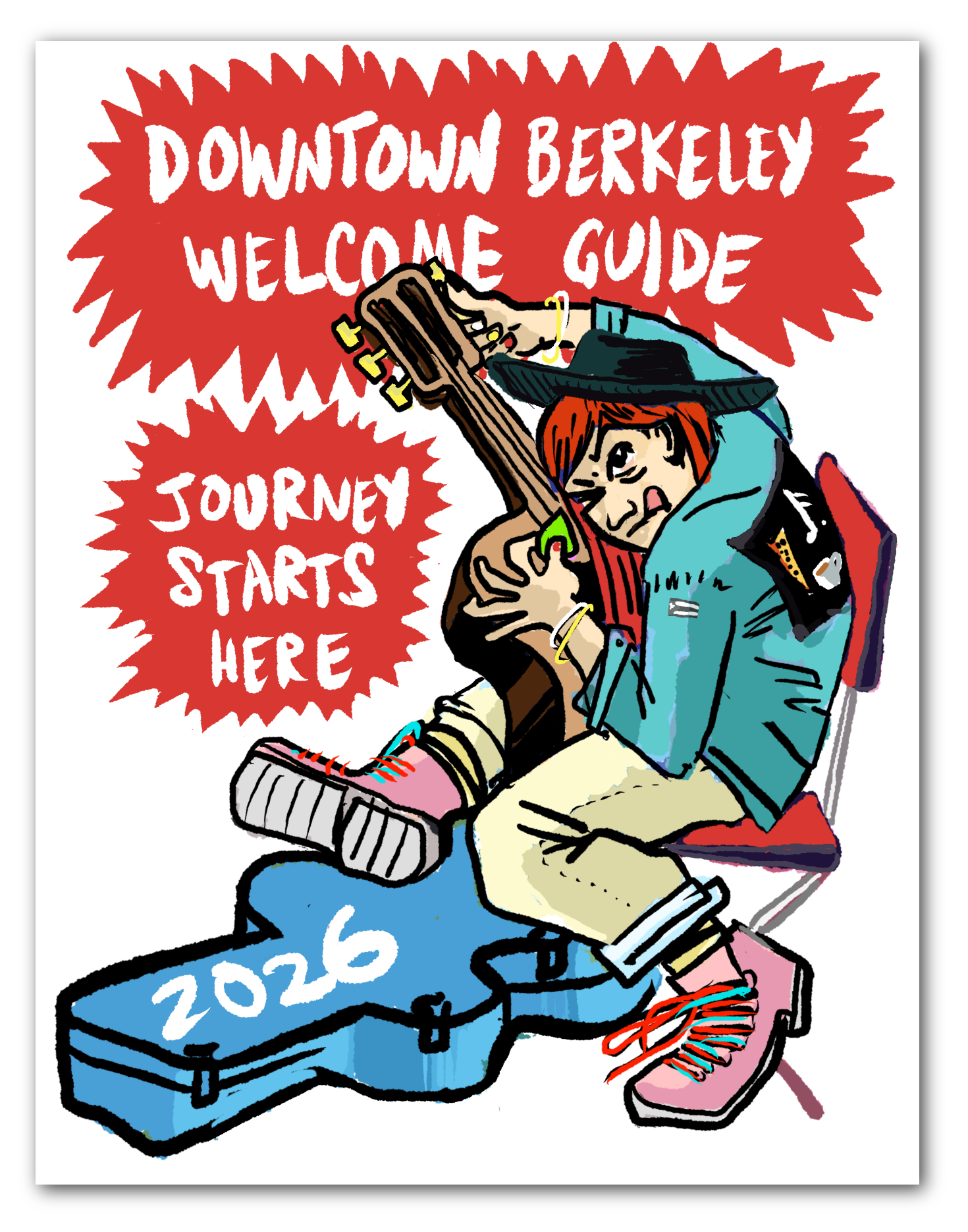 Cover of the 2026 Downtown Berkeley Welcome Guide featuring illustrated musician and Journey Starts Here branding