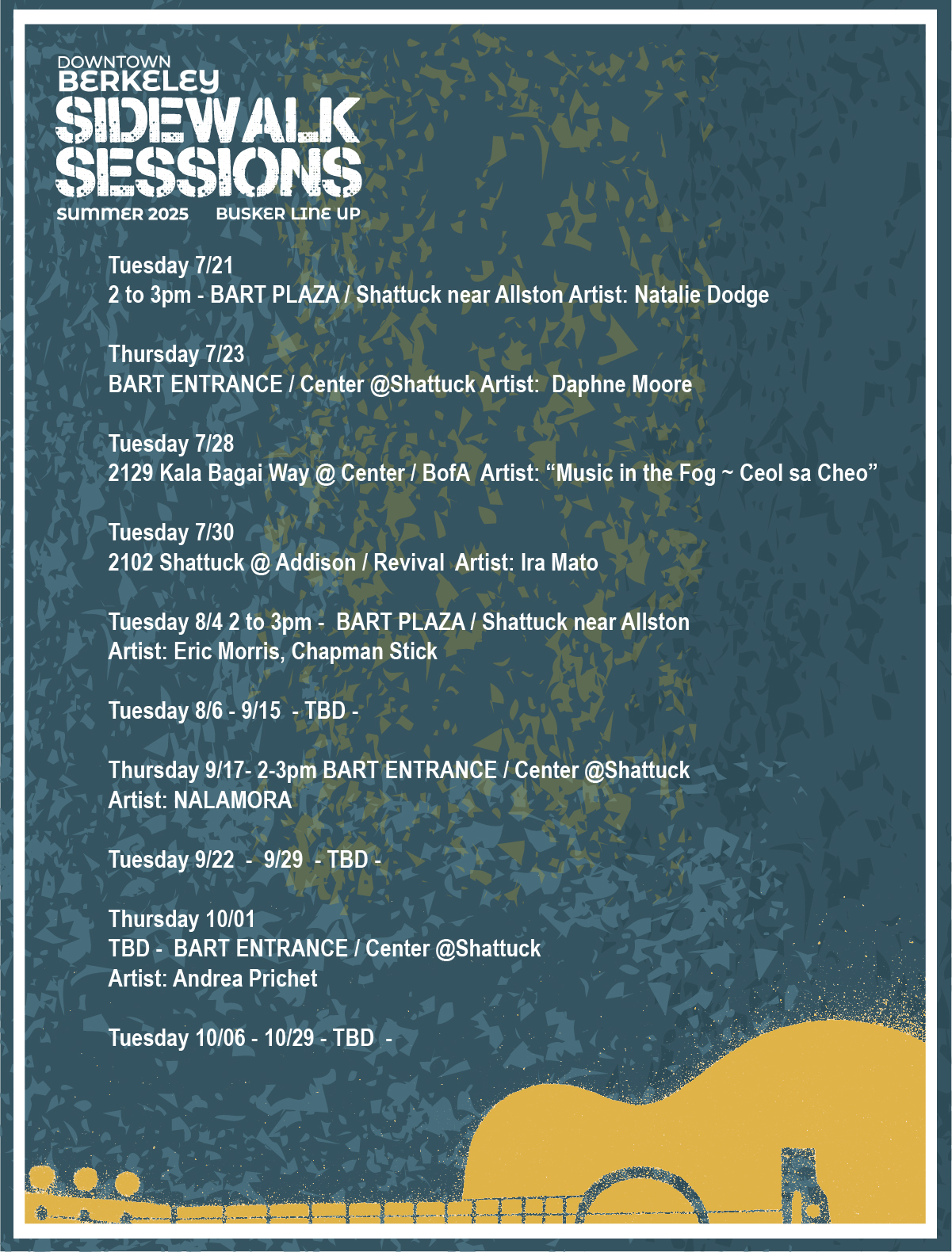 Downtown Berkeley Sidewalk Sessions Summer 2025 performance schedule featuring free live music throughout Downtown Berkeley