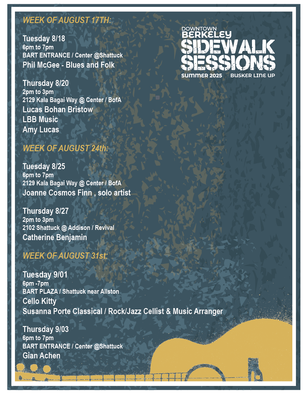 Downtown Berkeley Sidewalk Sessions schedule featuring free live music and local musicians at BART Plaza, Kala Bagai Way, and Shattuck Avenue
