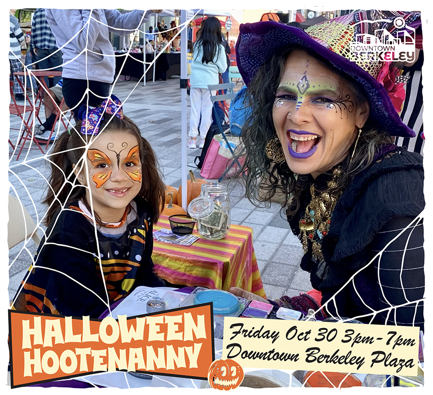 Child with butterfly face paint and costumed performer at the Downtown Berkeley Halloween Hootenanny